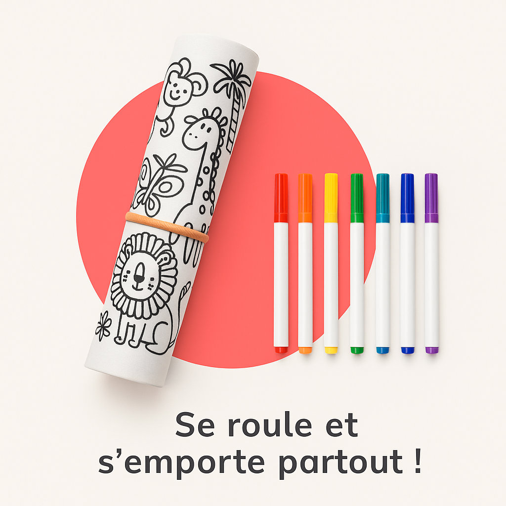 Tapis de coloriage réutilisable Colorilo qui se roule facilement et s’emporte partout.