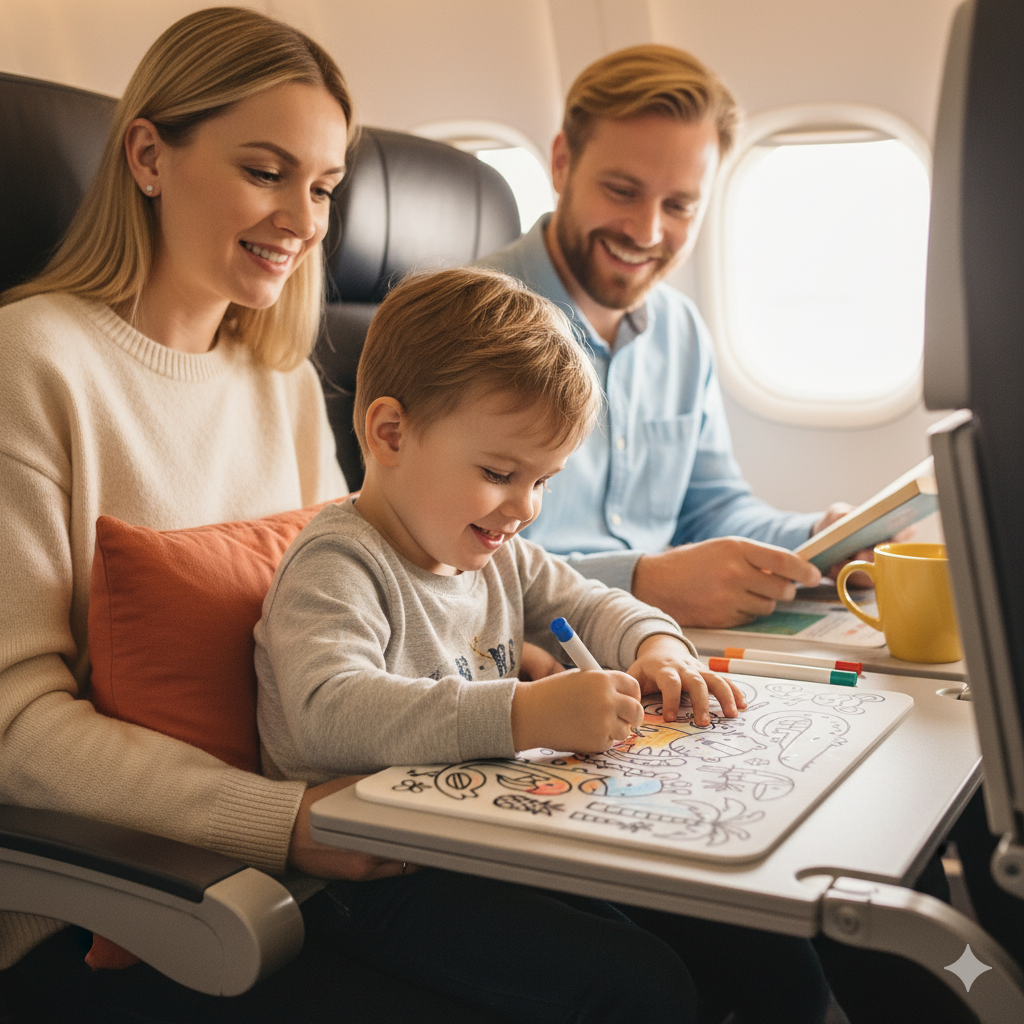 Enfant qui colorie sur le tapis de coloriage réutilisable Colorilo dans un avion, pratique pour les voyages.