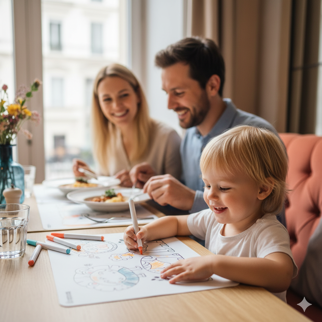 Enfant qui colorie au restaurant sur le tapis de coloriage réutilisable Colorilo, idéal pour occuper sans écran.