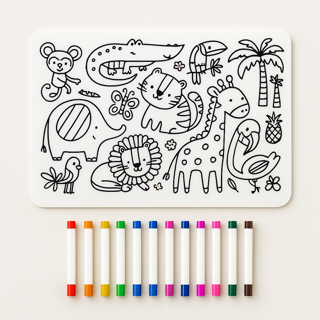 Tapis de coloriage réutilisable Colorilo avec feutres lavables inclus, pratique et écologique.